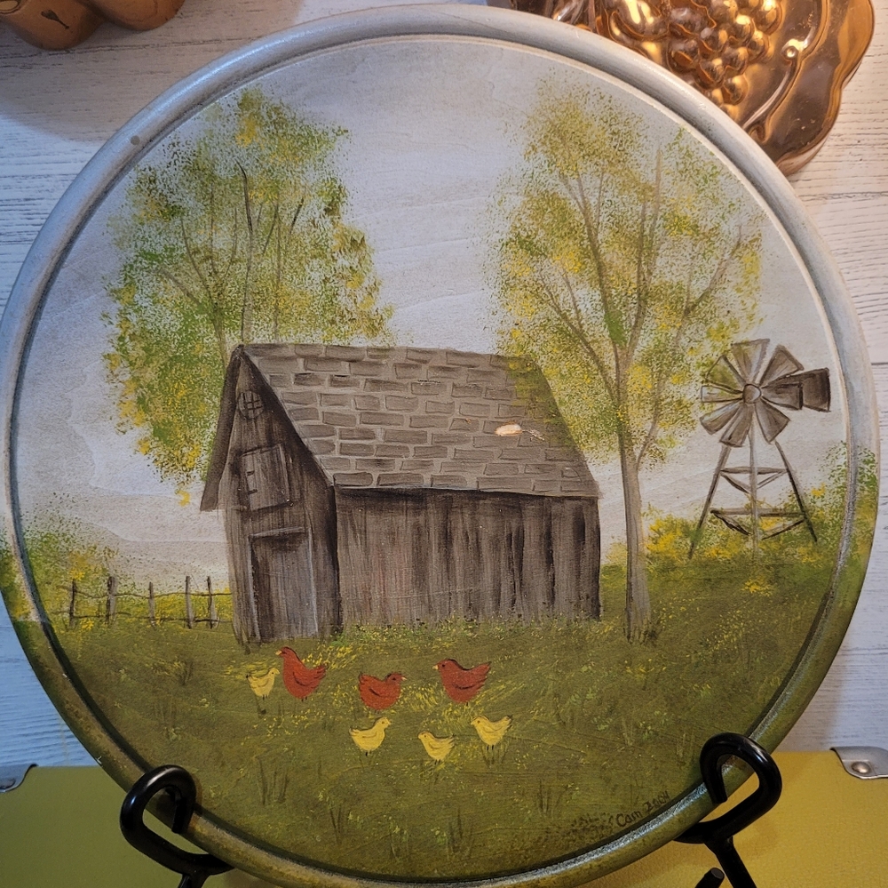 Rustic Farmhouse Decorative Plate with Barn and Chickens Hand Painted